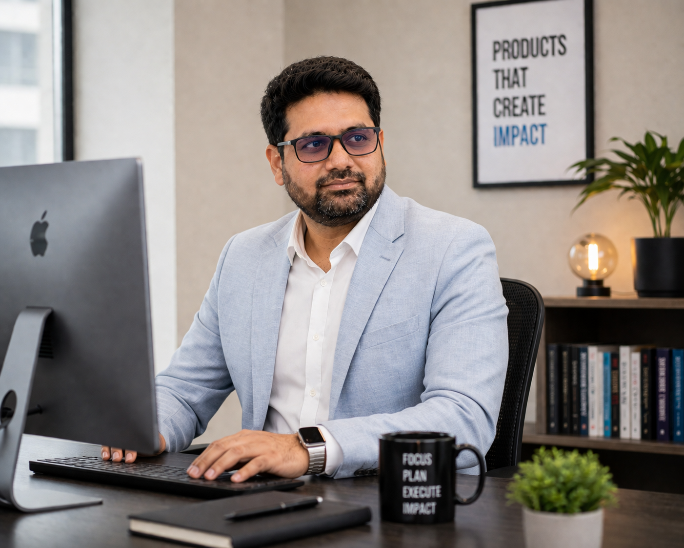 Anayatul Bari working at his desk in a modern product studio, gray blazer, focused on screen