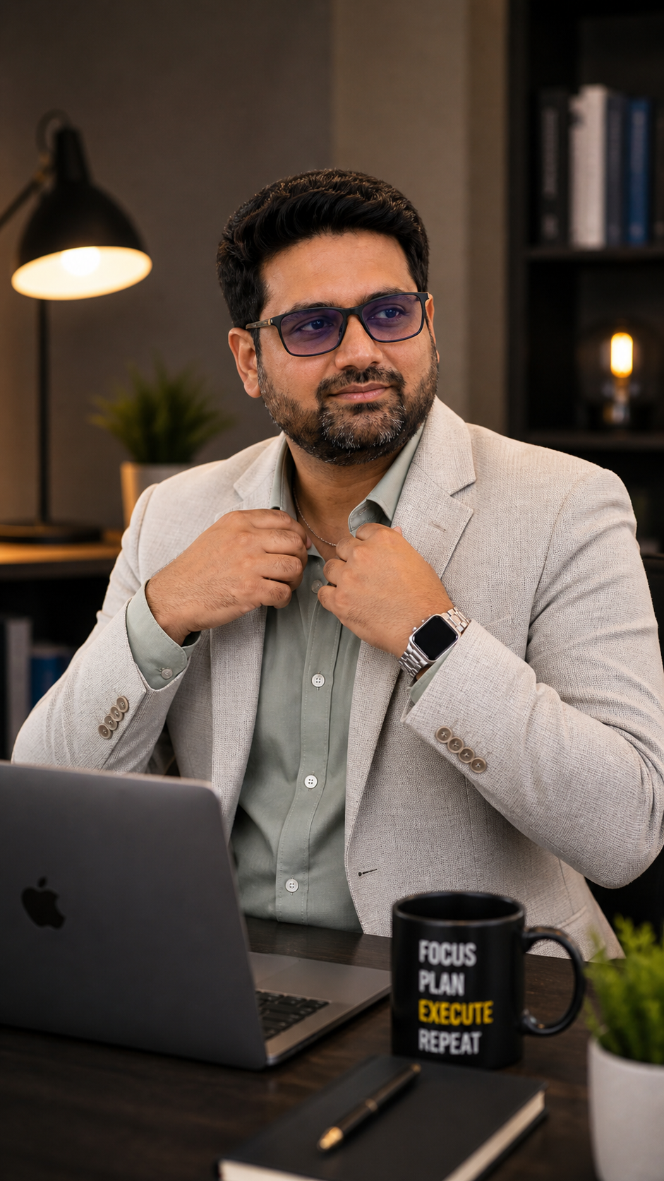 Anayatul Bari portrait at his desk with a focus, plan, execute, repeat motto visible
