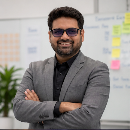 Anayatul Bari, Senior IT Product Manager and AI Generalist — confident portrait in a charcoal blazer with arms crossed, in front of a product-strategy whiteboard with sticky notes