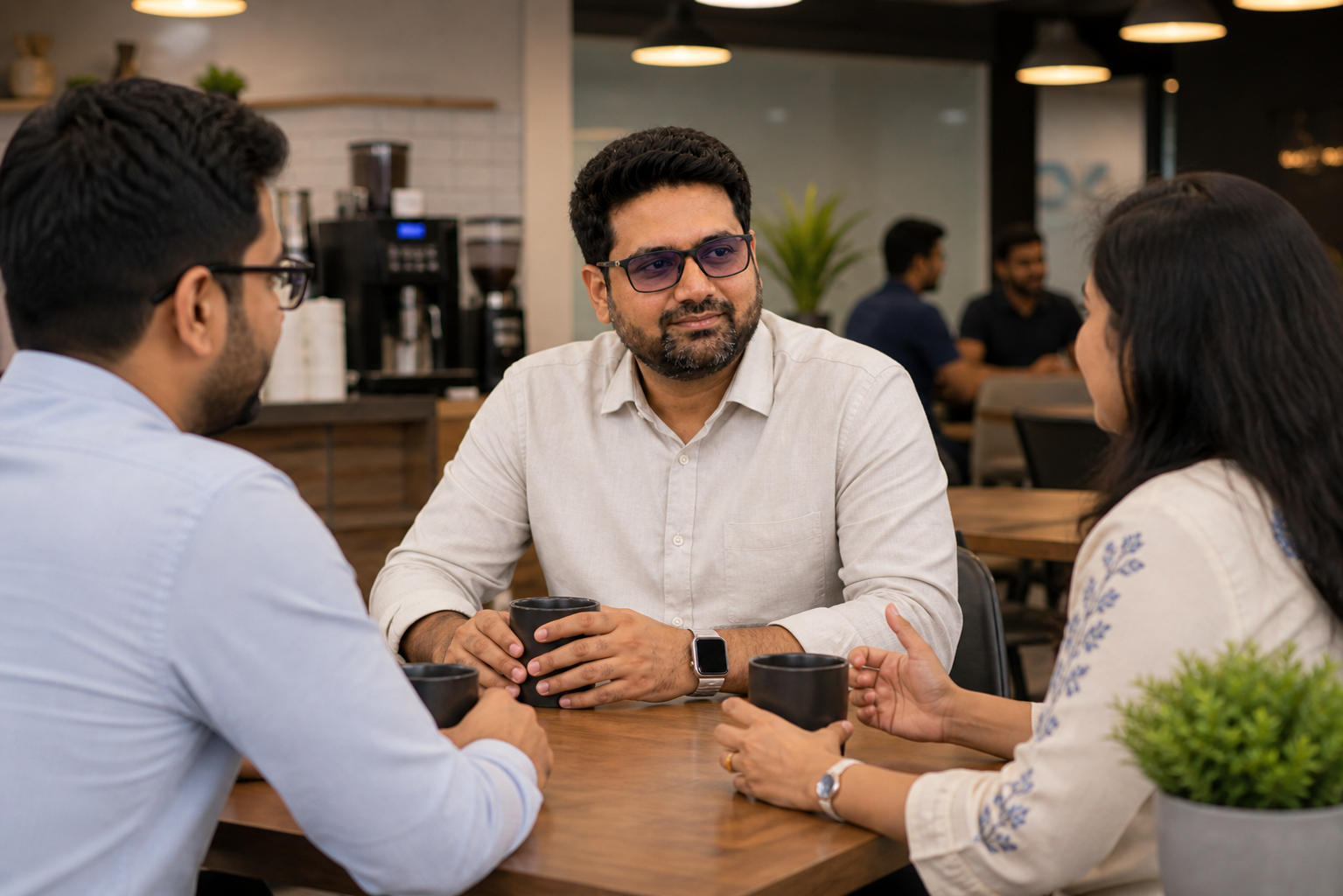 Anayatul Bari in a stakeholder discussion with two colleagues over coffee in a product workspace